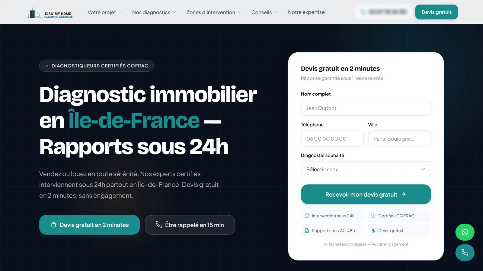 Page d’accueil du site Diag’ My Home : titre « Diagnostic immobilier en Île-de-France », boutons de demande de devis et formulaire « Devis gratuit en 2 minutes »