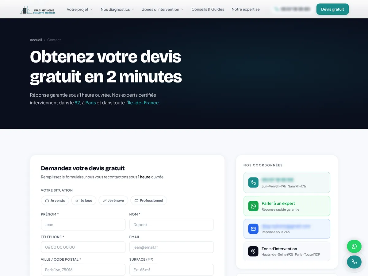 Page de contact du site Diag’ My Home : formulaire « Demandez votre devis gratuit » et coordonnées (masquées)