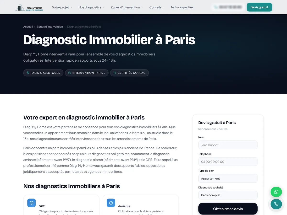 Page « Diagnostic immobilier à Paris » du site Diag’ My Home : contenu local, diagnostics proposés à Paris et formulaire de devis